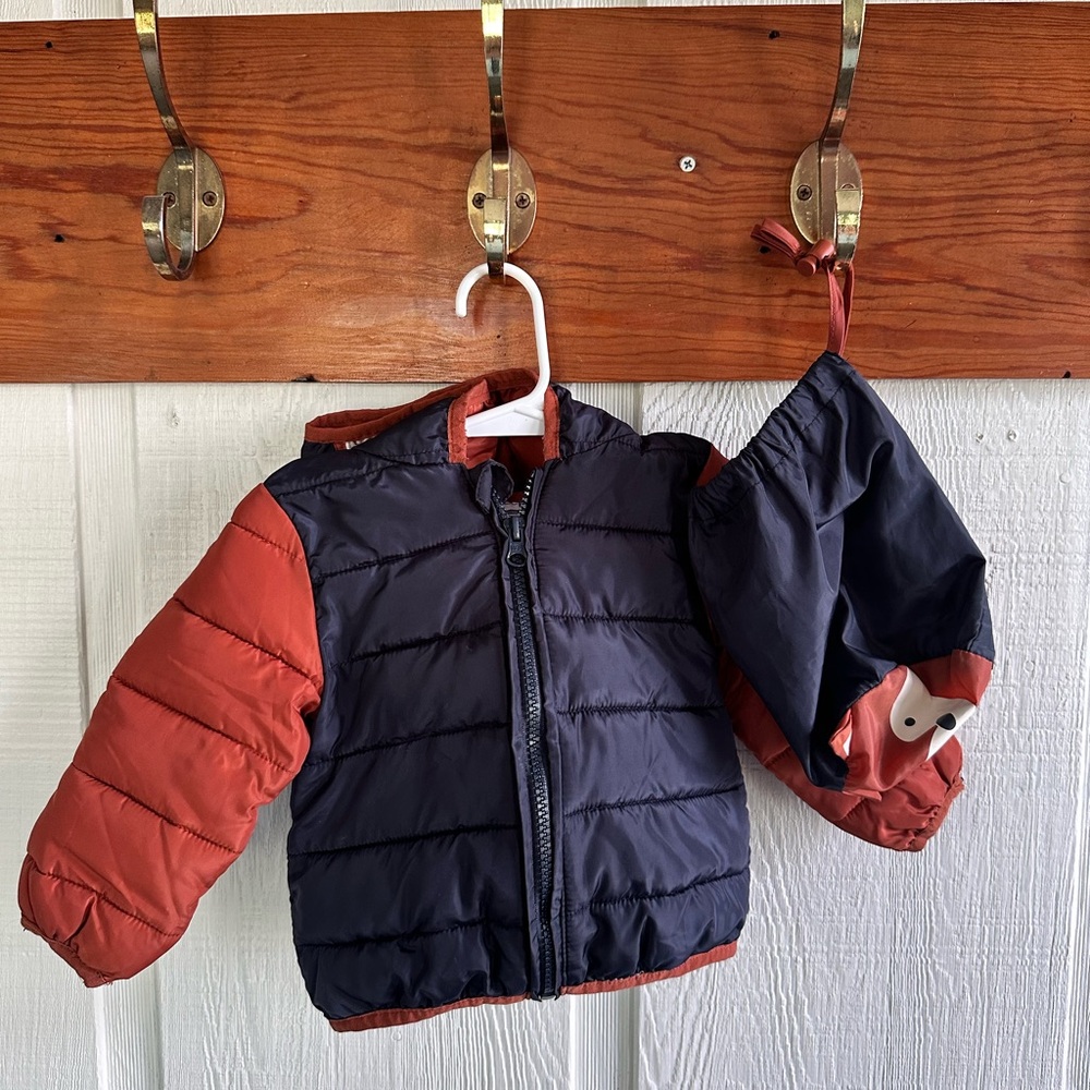 Robeez Orange and Navy Fox Puffer Jacket with Hood and Matching Carrier Bag